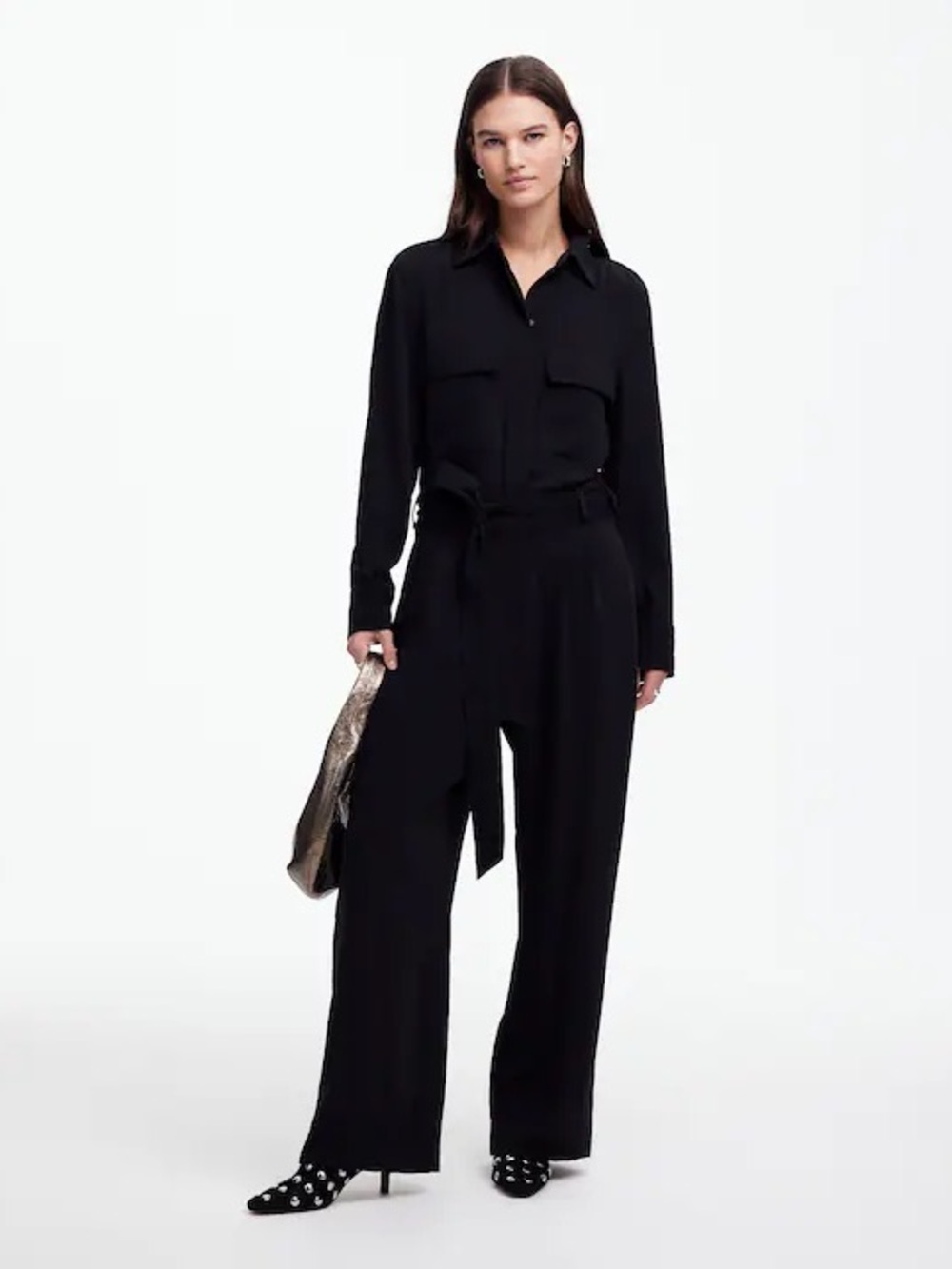 NWT Madewell Tie Waist Wide Leg Jumpsuit in Black Size 0 $198 NT362